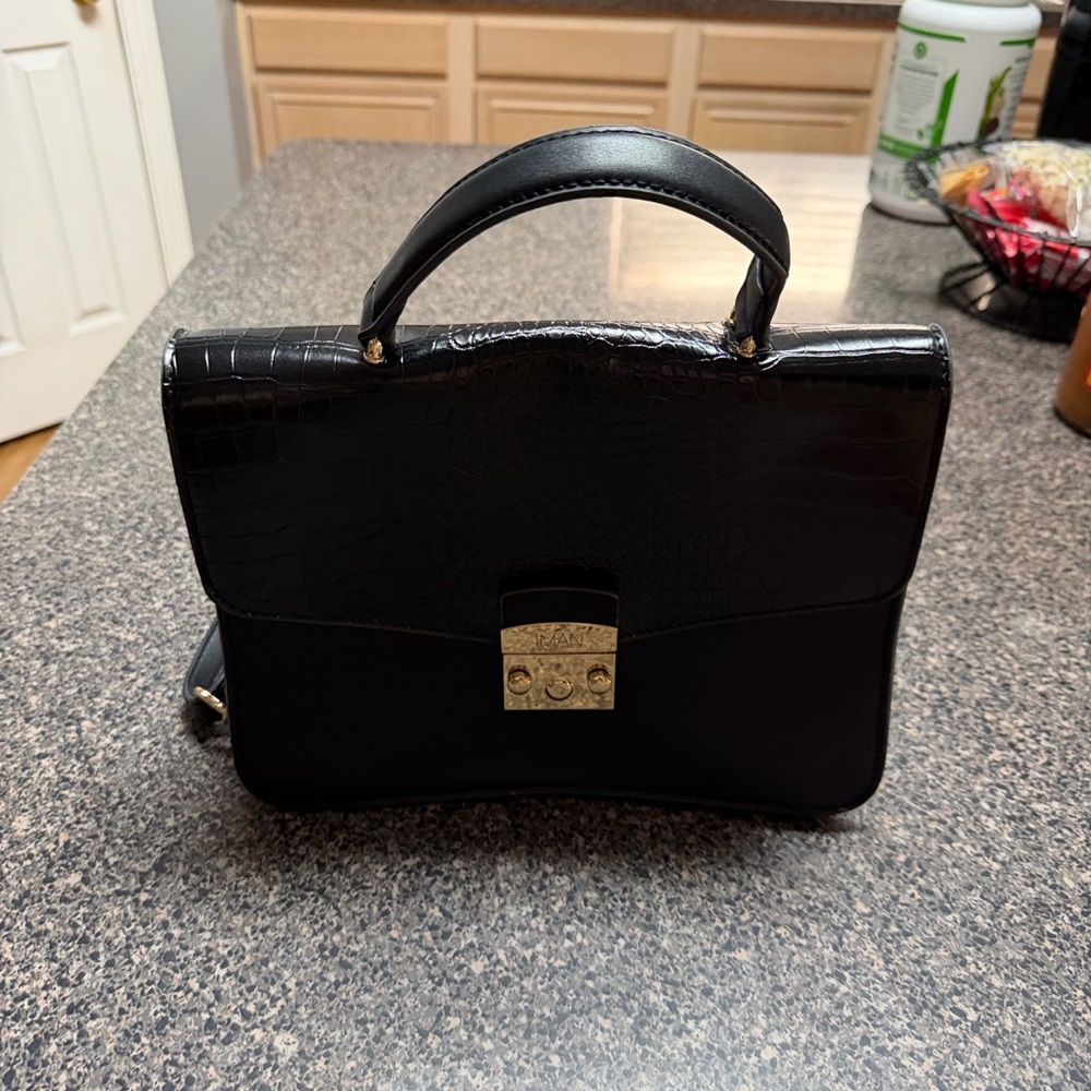 IMAN Structured Black Croc-Texture Top Handle Satchel with Gold Lock